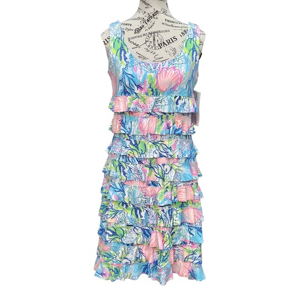 Lulu B Ruffled Tiered Dress XS Tropical UPF 50+ Coastal Resort Beachy Travel
